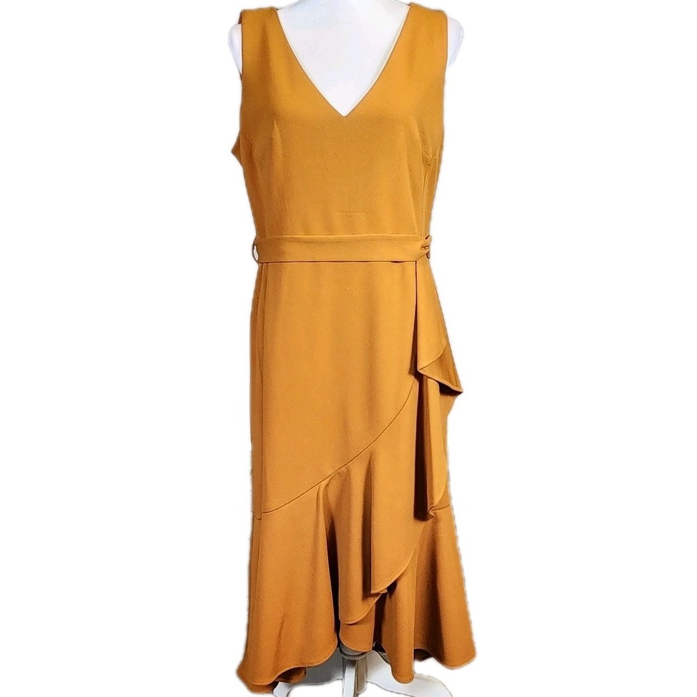 Calvin Klein Ruffle Dress Womens 14 Orange Stretch Belted‎ Hi Low Casual Career